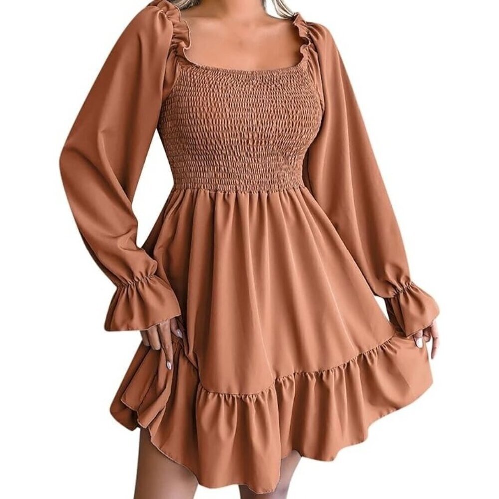 Long sleeve ruched dress in rust orange with ruffled hem, polyester. Size L NWT - Picture 2 of 10